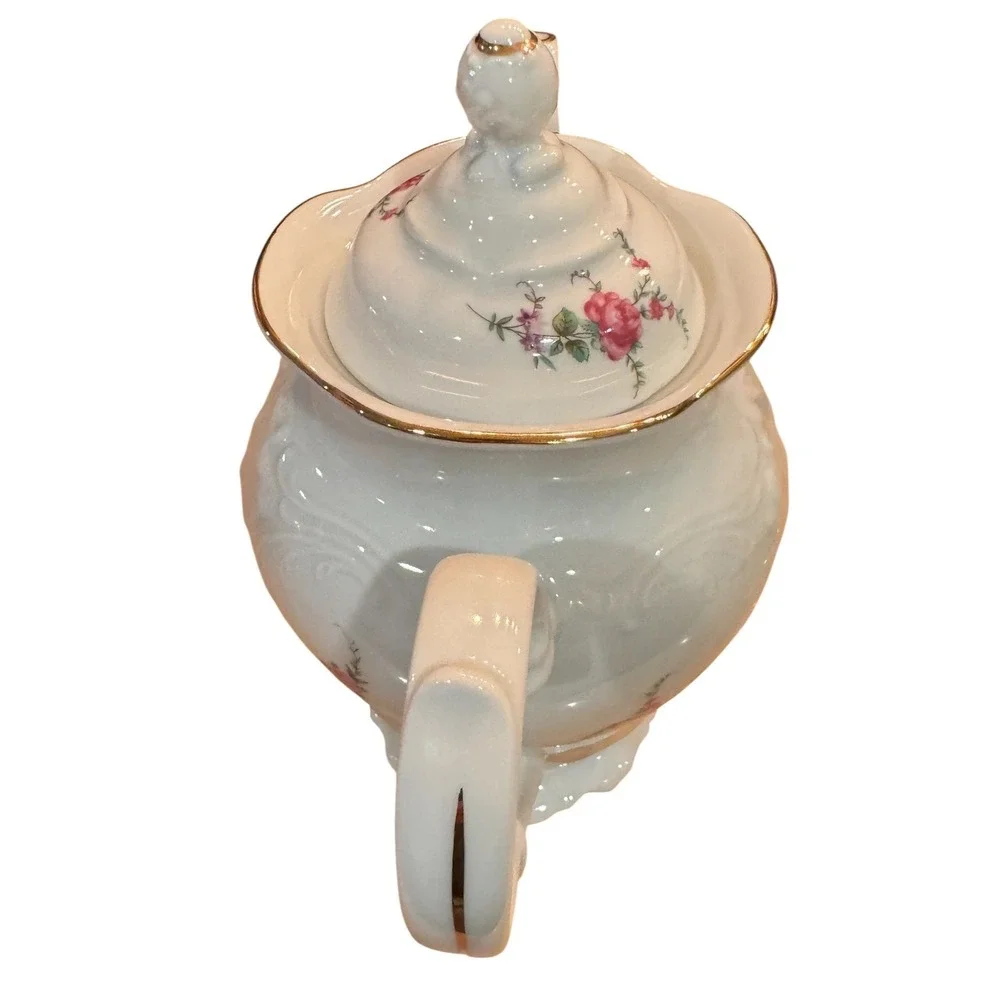 WAWEL POLAND Vintage China Teapot - Rose Floral Gold Trim Mid Century